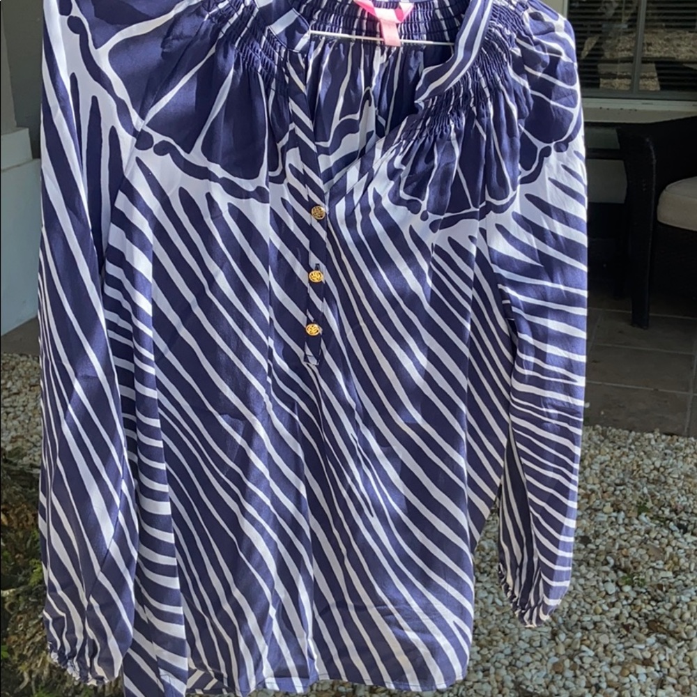 Navy and white silk Lilly top